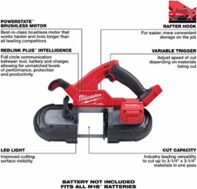 M18 FUEL Compact Band Saw, 3-1/4" X 3-1/4", Brushless Motor, 7.7 lbs