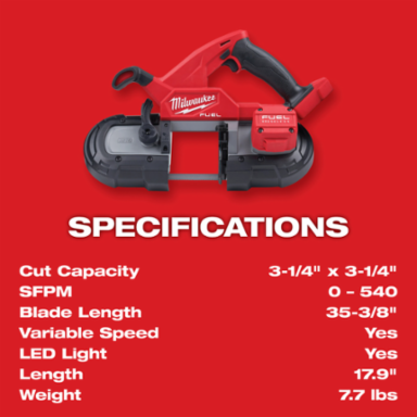 M18 FUEL Compact Band Saw Kit, 3-1/4" Cutting Capacity, 18V, 7.7 lbs