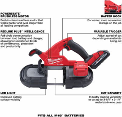 M18 FUEL Compact Band Saw Kit, 3-1/4" Cutting Capacity, 18V, 7.7 lbs