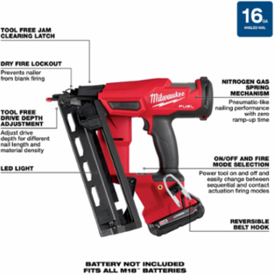M18 FUELTM 16 Gauge Angled Finish Nailer Kit, 1-1/4 to 2-1/2 Inch Fasteners, Cordless, 800 Nails per Charge