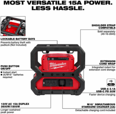 M18™ CARRY-ON™ 3600W Portable Power Supply, 1800W Rated, 28 lbs, Inverter