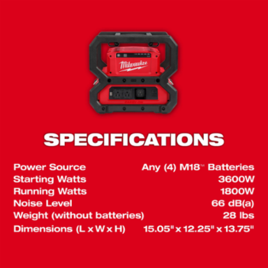 M18™ CARRY-ON™ 3600W Portable Power Supply, 1800W Rated, 28 lbs, Inverter