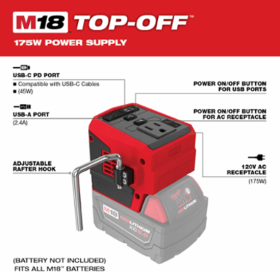 M18™ TOP-OFF™ Portable Power Supply, 175W Output, USB-C and AC Outlet