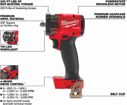 M18 FUELTM 3/8 Inch Cordless Compact Impact Wrench, 250 ft-lbs Torque, 4.8 Inch Length
