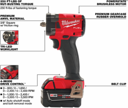 M18 FUEL™ 3/8 Inch Compact Impact Wrench, 250 ft-lbs Torq, 4.8 Inch Length
