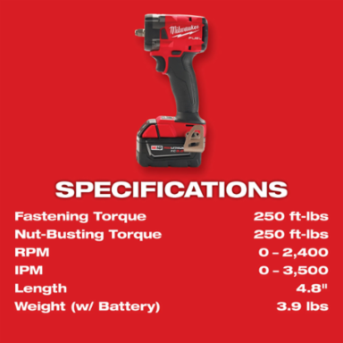 M18 FUEL™ 3/8 Inch Compact Impact Wrench, 250 ft-lbs Torq, 4.8 Inch Length