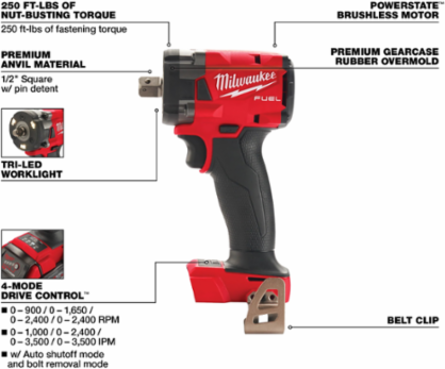 M18 FUELTM 1/2 Inch Compact Impact Wrench, 250 ft-lbs Torque, 4.9 Inch Length