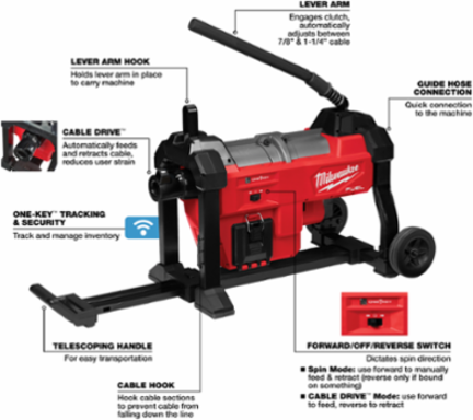 M18 FUELTM Sewer Sectional Machine, 200 ft Max Distance, 7/8 Inch Cable