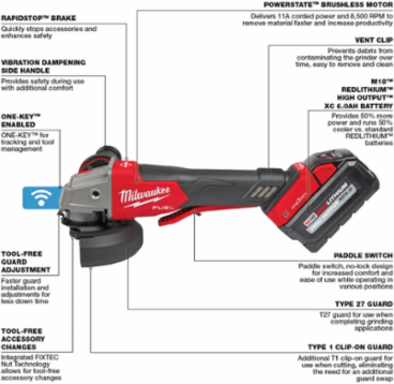 M18 FUEL 4-1/2" / 5" Braking Grinder, 8500 RPM, 6.0 Ah Battery, ONE-KEY™