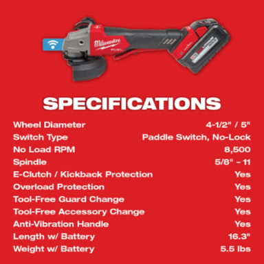 M18 FUEL 4-1/2" / 5" Braking Grinder, 8500 RPM, 6.0 Ah Battery, ONE-KEY™