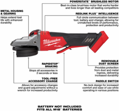 M18 FUEL™ 5" Flathead Braking Grinder, 8500 RPM, Cordless, Paddle Switch