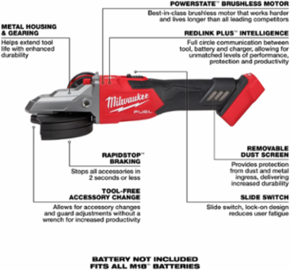 M18 FUEL 5 Inch Flathead Braking Grinder, 8500 RPM, Cordless, Slide Switch