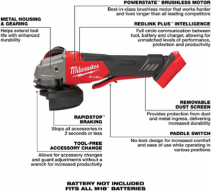 M18 FUEL™ 4-1/2" / 5" Variable Speed Angle Grinder, 8500 RPM, Paddle Switch