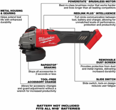 M18 FUEL™ 4-1/2" / 5" Variable Speed Angle Grinder, 8500 RPM, 2.756 lbs