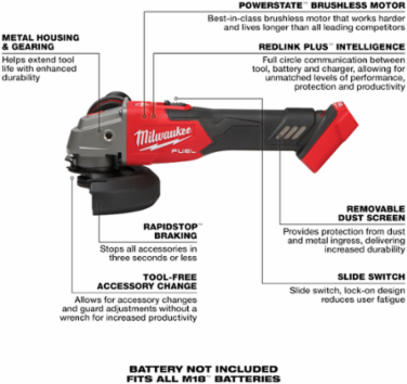 M18 FUEL™ 4-1/2" / 5" Variable Speed Braking Grinder, Slide Switch Lock-On-Reconditioned