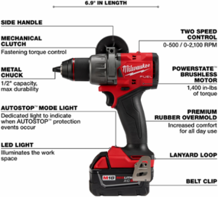 M18 FUEL 1/2 Inch Drill/Driver Kit, 1400 in-lbs Torque, 2 Batteries, 6.9 Inch Length