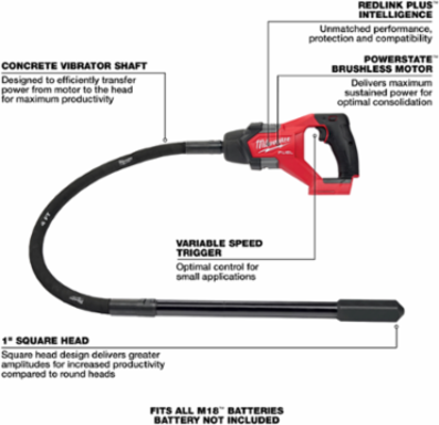 M18 FUEL 4 ft Concrete Pencil Vibrator, 1.8 Peak HP, Cordless, 8.8 lbs