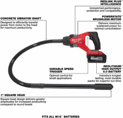 M18 FUELTM 4 ft Concrete Pencil Vibrator Kit, 1.8 Peak HP, 12,500 VPM