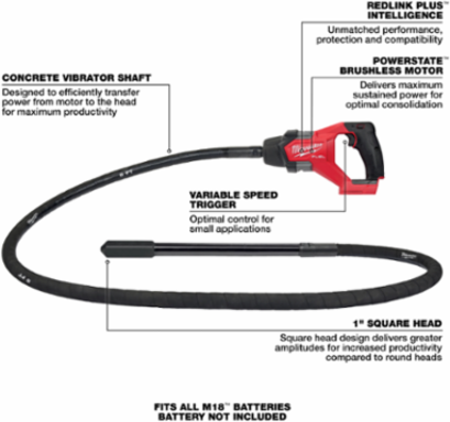 M18 FUELTM 8 ft Concrete Pencil Vibrator, 1.8 Peak HP, Cordless