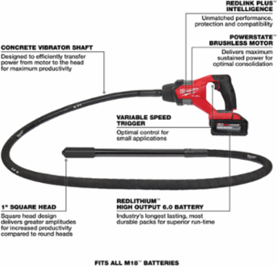 M18 FUEL 8 ft Concrete Pencil Vibrator Kit, 1.8 Peak HP, Cordless, 14.3 lbs
