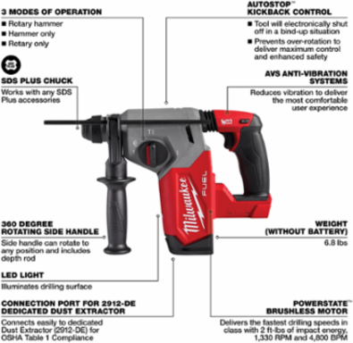M18 FUEL 1 Inch SDS Plus Rotary Hammer, 2 ft-lbs Impact Energy, 4800 BPM