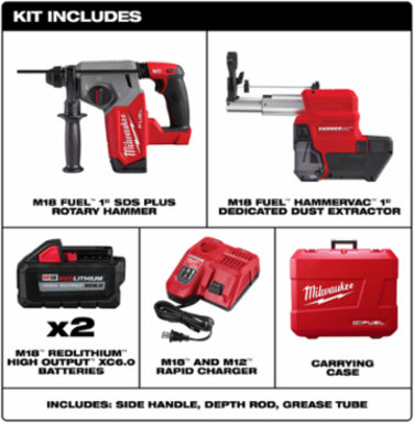 M18 FUEL 1 Inch SDS Plus Rotary Hammer with Dust Extractor, 8.9 lbs Weight, 2 ft-lbs Impact Energy