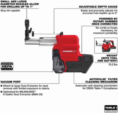 M18 FUEL HAMMERVAC 1" Dust Extractor, HEPA Filter, 4.1 lbs, OSHA Compliant