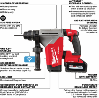M18 FUEL 1-1/8" SDS Plus Rotary Hammer with ONE-KEY and HAMMERVAC Dust Extractor
