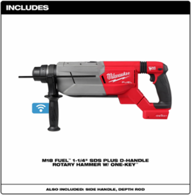 M18 FUEL 1-1/4 Inch SDS Plus D-Handle Rotary Hammer, 3.65 ft-lbs Impact Energy, 810 RPM