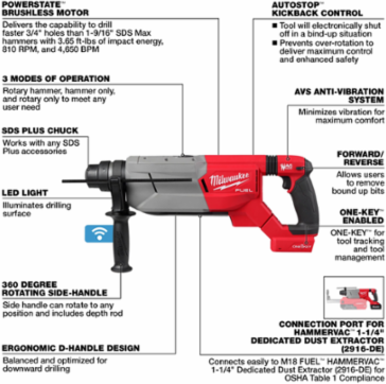 M18 FUEL 1-1/4 Inch SDS Plus D-Handle Rotary Hammer, 3.65 ft-lbs Impact Energy, 810 RPM