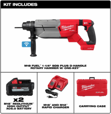M18 FUEL 1-1/4 Inch SDS Plus D-Handle Rotary Hammer Kit, 3.65 ft-lbs Impact Energy, 810 RPM