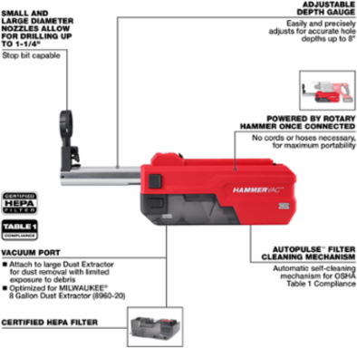 M18 FUELTM HAMMERVACTM Dedicated Dust Extractor, 1-1/4" Diameter, HEPA Filter