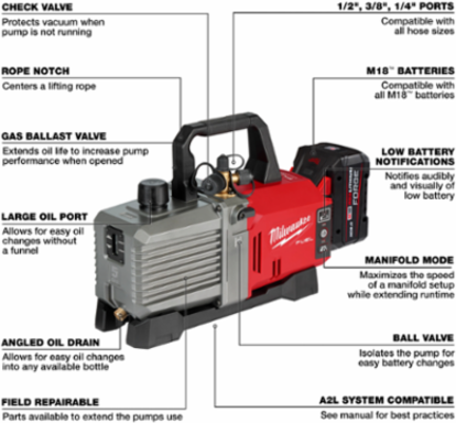 M18 FUEL™ 5 CFM Cordless Vacuum Pump, 1/4", 3/8", 1/2" Ports, 18V DC