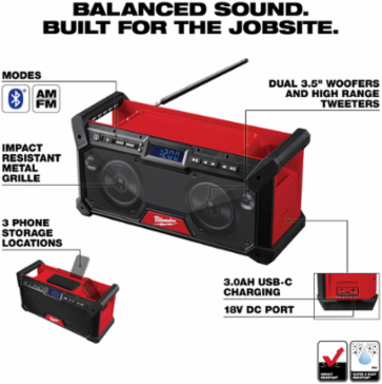 M18™ Bluetooth® Jobsite Radio with Dual 3.5 Inch Woofers, 120 ft Range