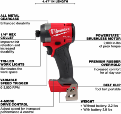 M18 FUEL 1/4 Inch Hex Impact Driver, 2000 in-lbs Torque, 3900 RPM, 2.24 lbs