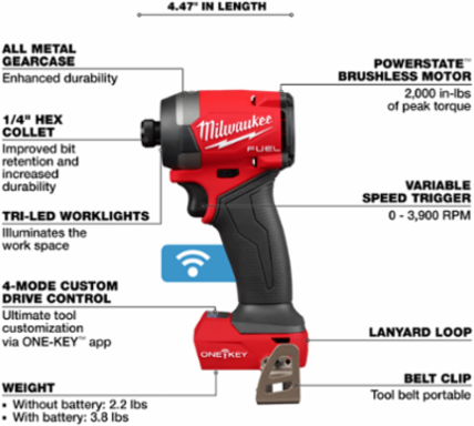 M18 FUELTM 1/4 Inch Hex Impact Driver, 2000 in-lbs Torque, 3900 RPM
