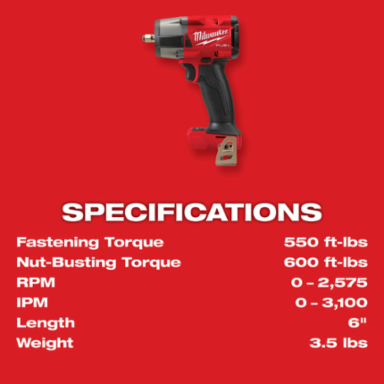 M18 FUEL 3/8 Mid-Torque Impact Wrench, 600 ft-lbs Torque, 6 Inch Length