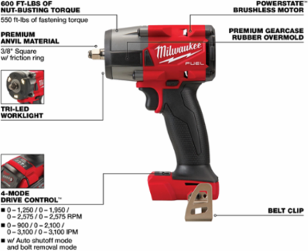M18 FUEL 3/8 Mid-Torque Impact Wrench, 600 ft-lbs Torque, 6 Inch Length
