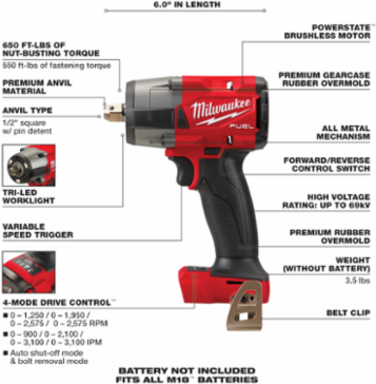 M18 FUEL™ 1/2 Mid-Torque Impact Wrench w/ Pin Detent-Reconditioned