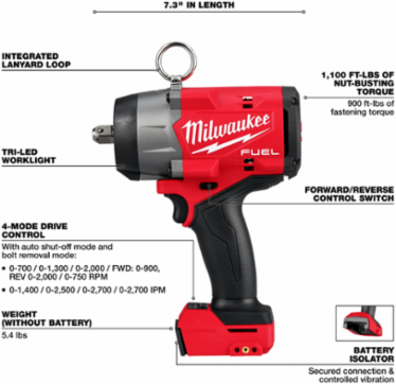 M18 FUEL 1/2 Inch High Torque Impact Wrench, 900 ft-lbs Torque, 7.3 Inch Length