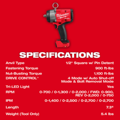 M18 FUEL 1/2 Inch High Torque Impact Wrench, 900 ft-lbs Torque, 7.3 Inch Length