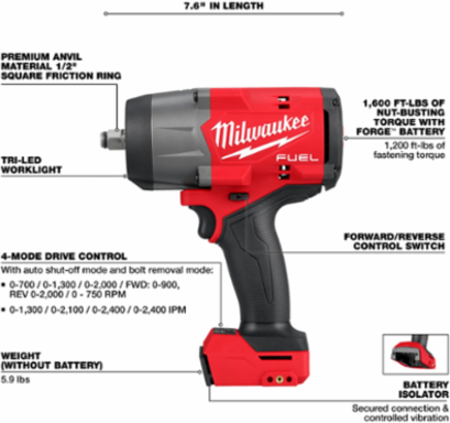 M18 FUEL™ 1/2 Inch High Torque Impact Wrench, 1200 ft-lbs Torque, 7.6 Inch Length