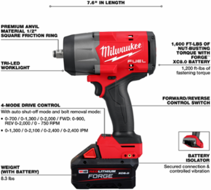 M18 FUEL 1/2 Inch High Torque Impact Wrench, 1200 ft-lbs Torque, 7.6 Inch Length