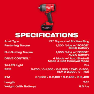 M18 FUEL 1/2 Inch High Torque Impact Wrench, 1200 ft-lbs Torque, 7.6 Inch Length