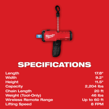 M18 Compact 1-Ton Chain Hoist with Wireless Remote, 46lbs, 18V
