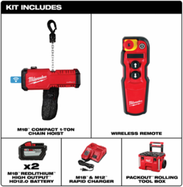 M18 Compact 1-Ton Chain Hoist with Wireless Remote, 46lbs, 18V