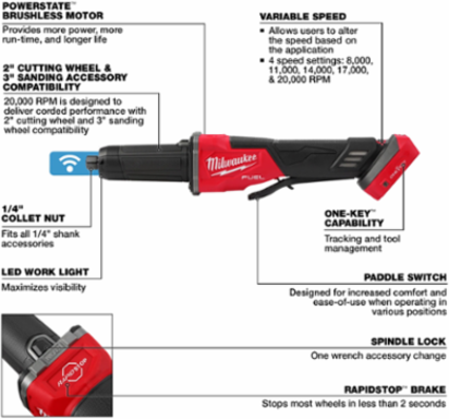M18 FUEL Variable Speed Die Grinder, 20,000 RPM, Paddle Switch, ONE-KEY™