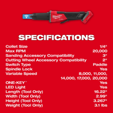 M18 FUEL Variable Speed Die Grinder, 20,000 RPM, Paddle Switch, ONE-KEY™