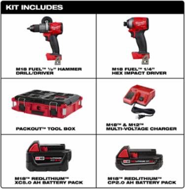 M18 FUELTM Hammer Drill/Impact Driver Combo Kit, 1/2 Inch Chuck, 2000 in-lbs Torque