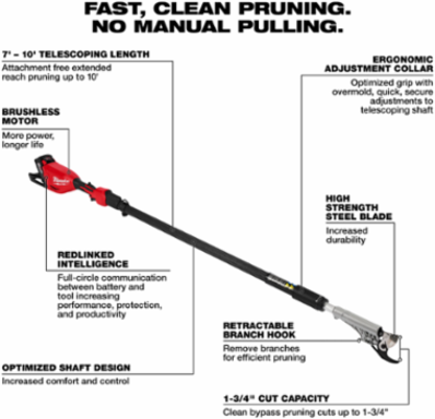 M18 Brushless Telescoping Pole Pruning Shears, Cuts 1-3/4 Inch, 7-10 Foot Length